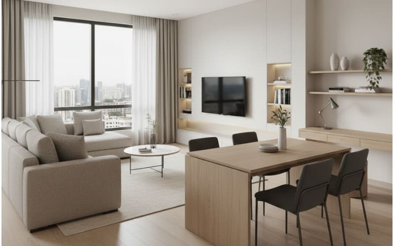 Modern space-saving furniture designs displayed in a contemporary furniture shop in Gurgaon