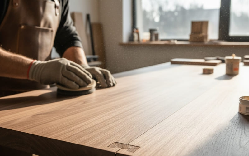 Skilled carpenter crafting solid wood furniture at a premium furniture shop in Gurgaon